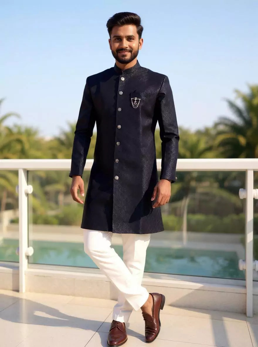 Image of Self Geometric Jacquard Navy Color Semi-Indo