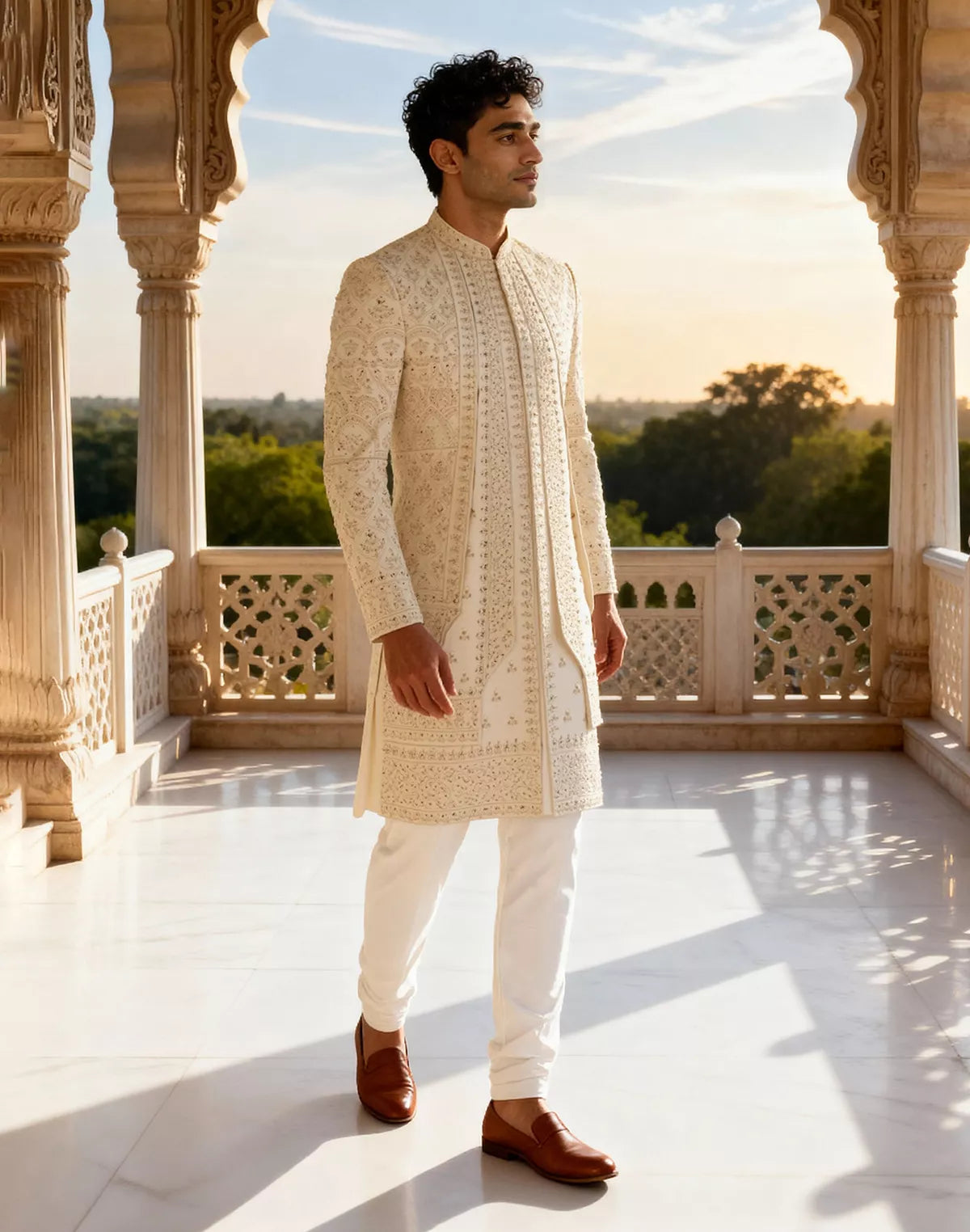 Cream Heavy Stones work Swed Cotton Sherwani