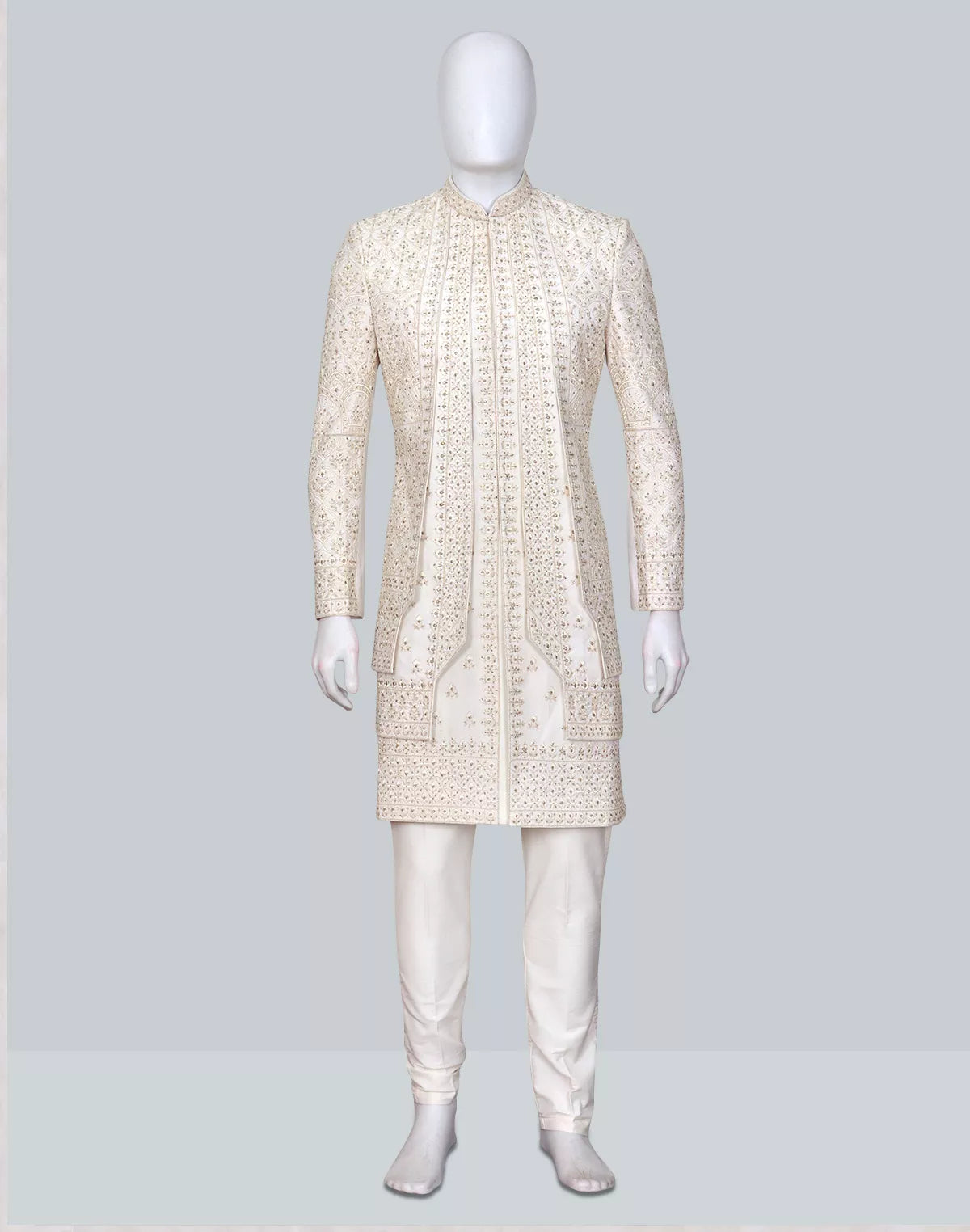 Cream Heavy Stones work Swed Cotton Sherwani