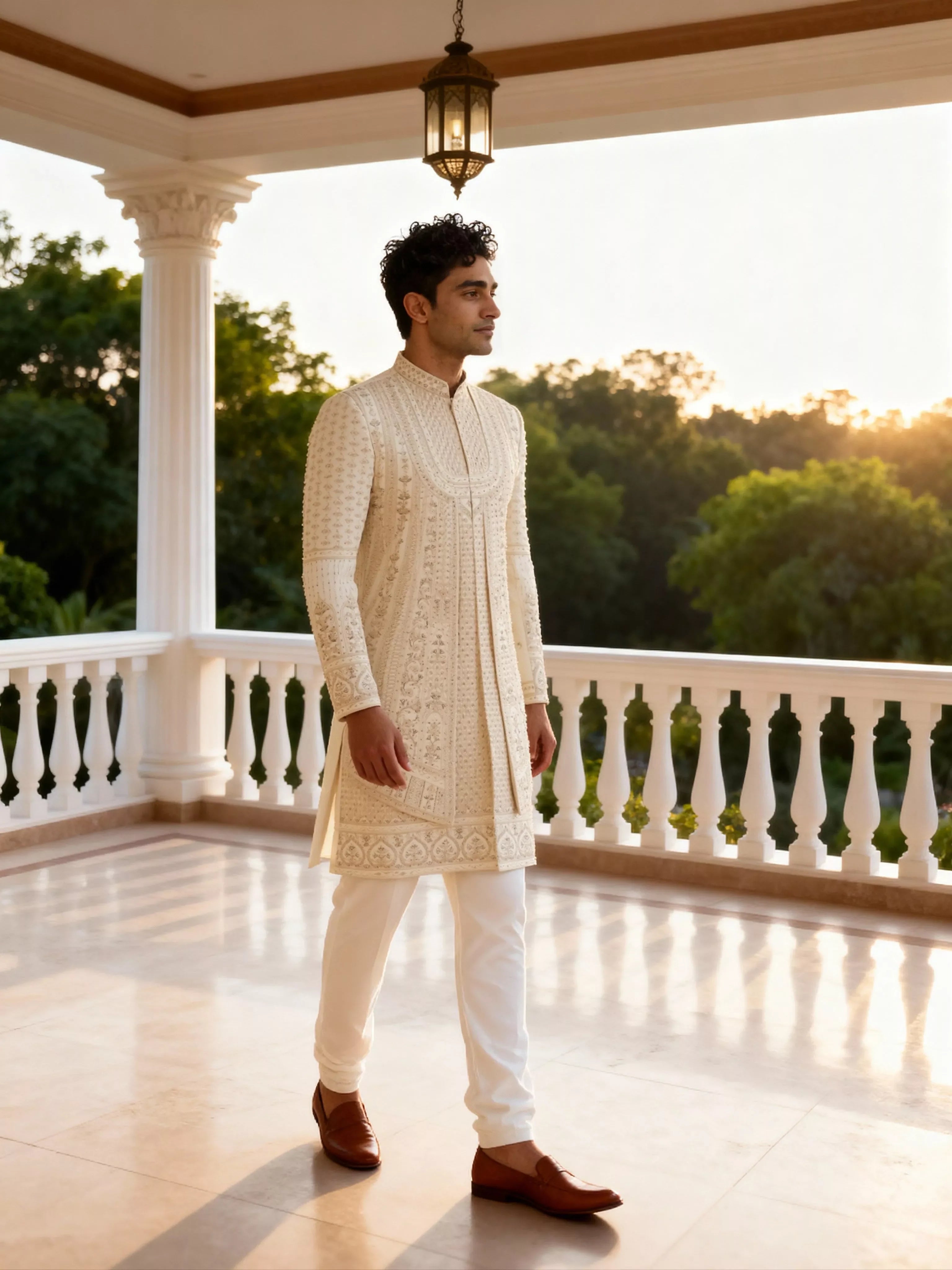Embroidered with Stones Swed Cotton Sherwani in Cream