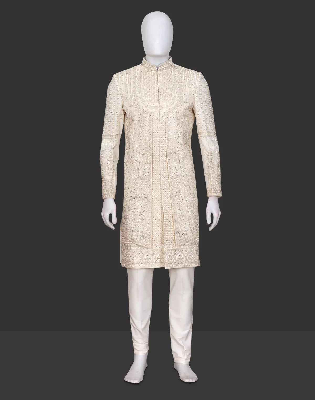 Embroidered with Stones Swed Cotton Sherwani in Cream