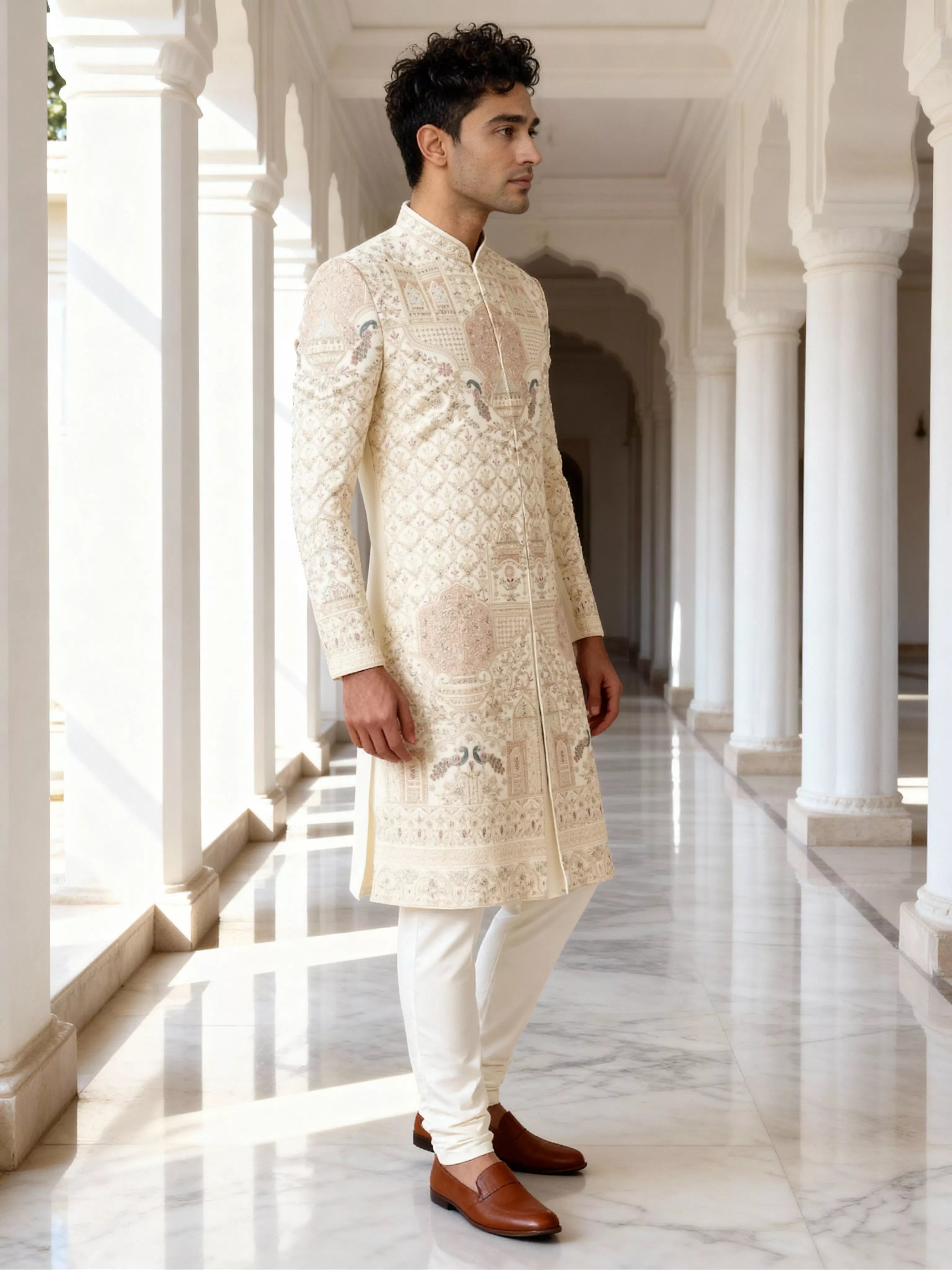 Warm White Floral Resham and Swarovski Stones work Raw Silk Sherwani