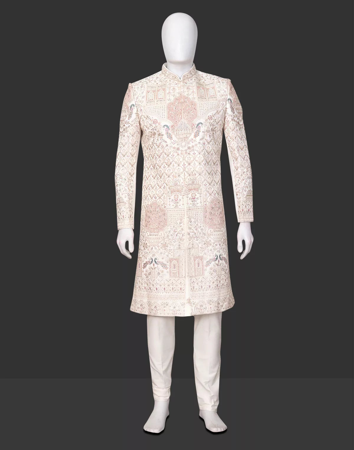 Image of Warm White Floral Resham and Swarovski Stones work Raw Silk Sherwani