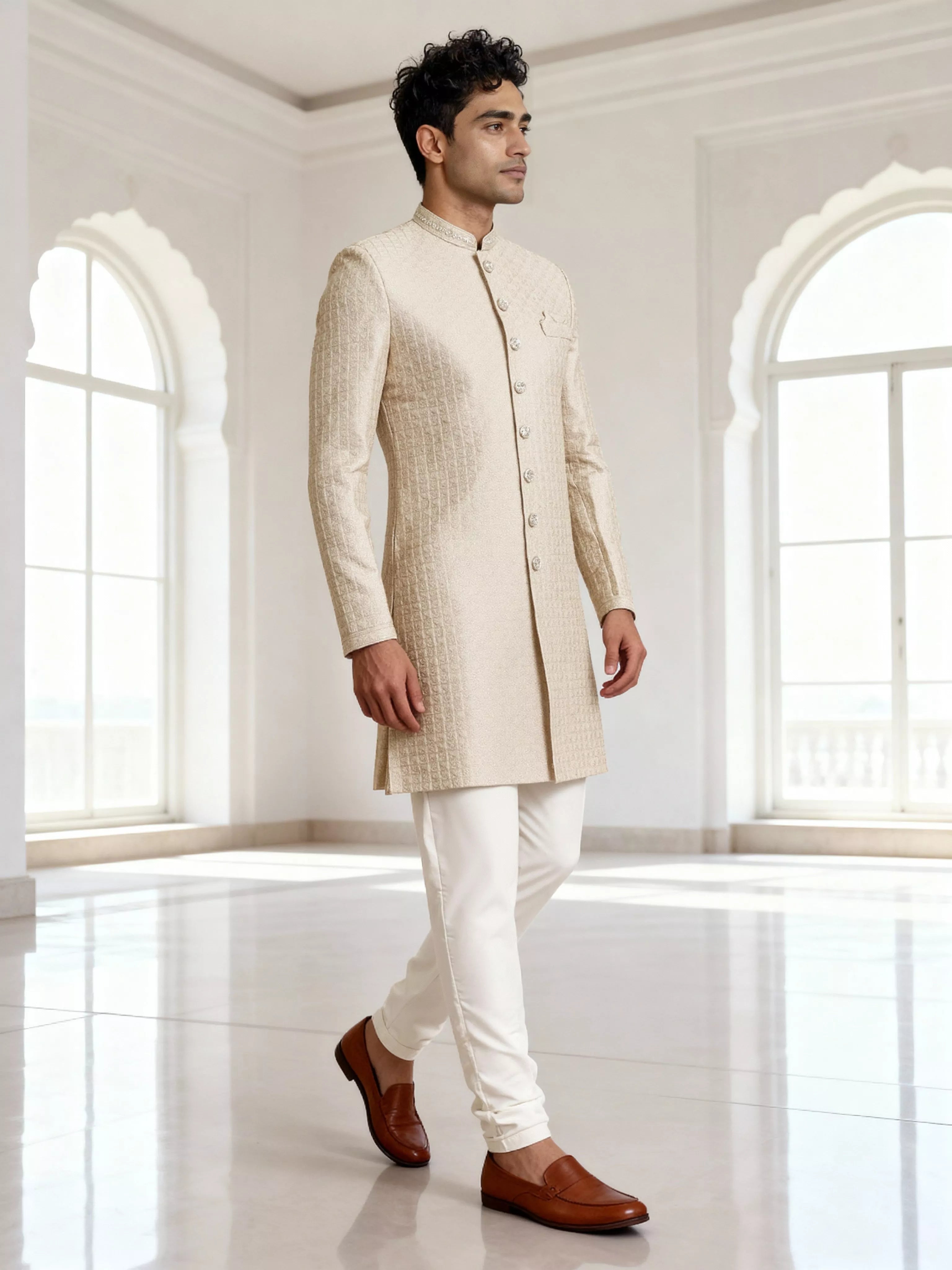 Cream Thread Embroidered Cotton Silk Sherwani