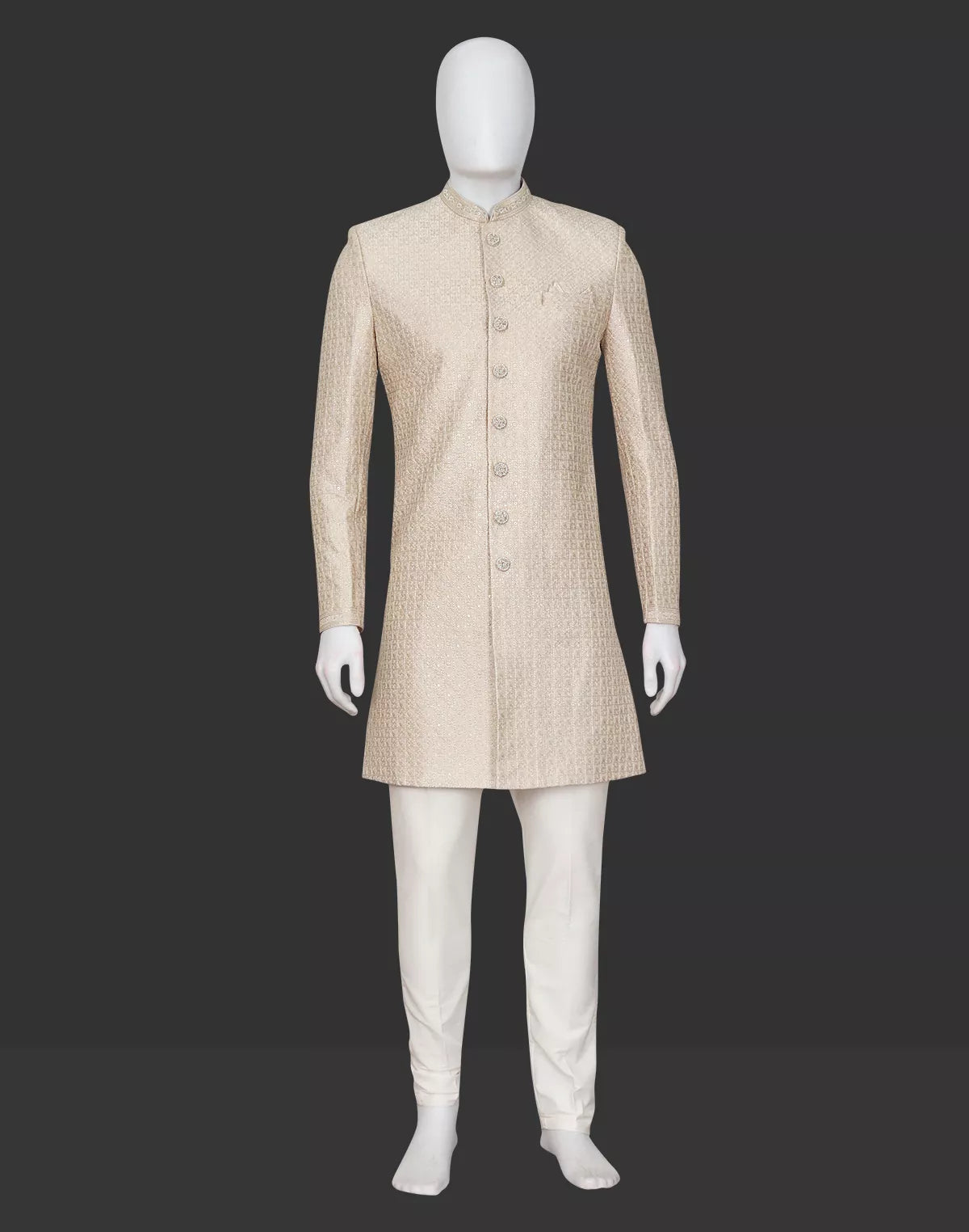 Cream Thread Embroidered Cotton Silk Sherwani