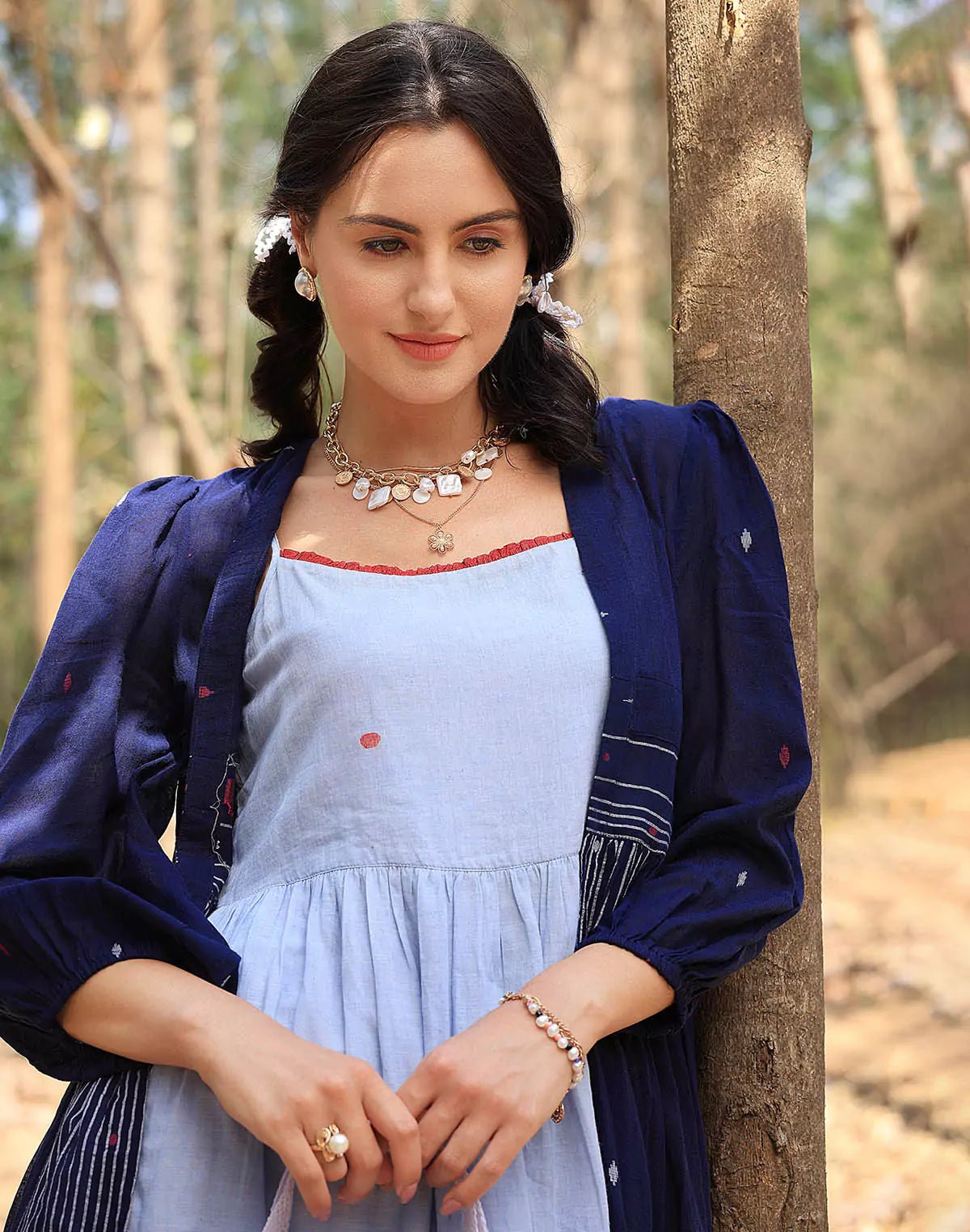 Image of Jacket Style 3/4th Sleeve Navy Blue Cotton Shrug - South India Shopping Mall