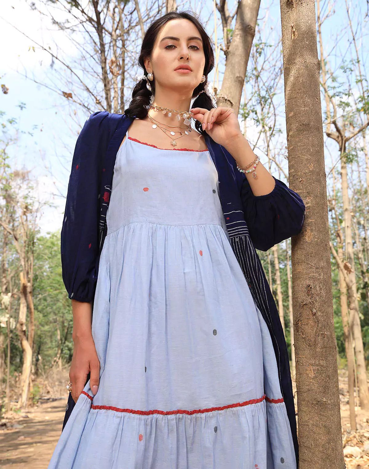 Image of Jacket Style 3/4th Sleeve Navy Blue Cotton Shrug - South India Shopping Mall