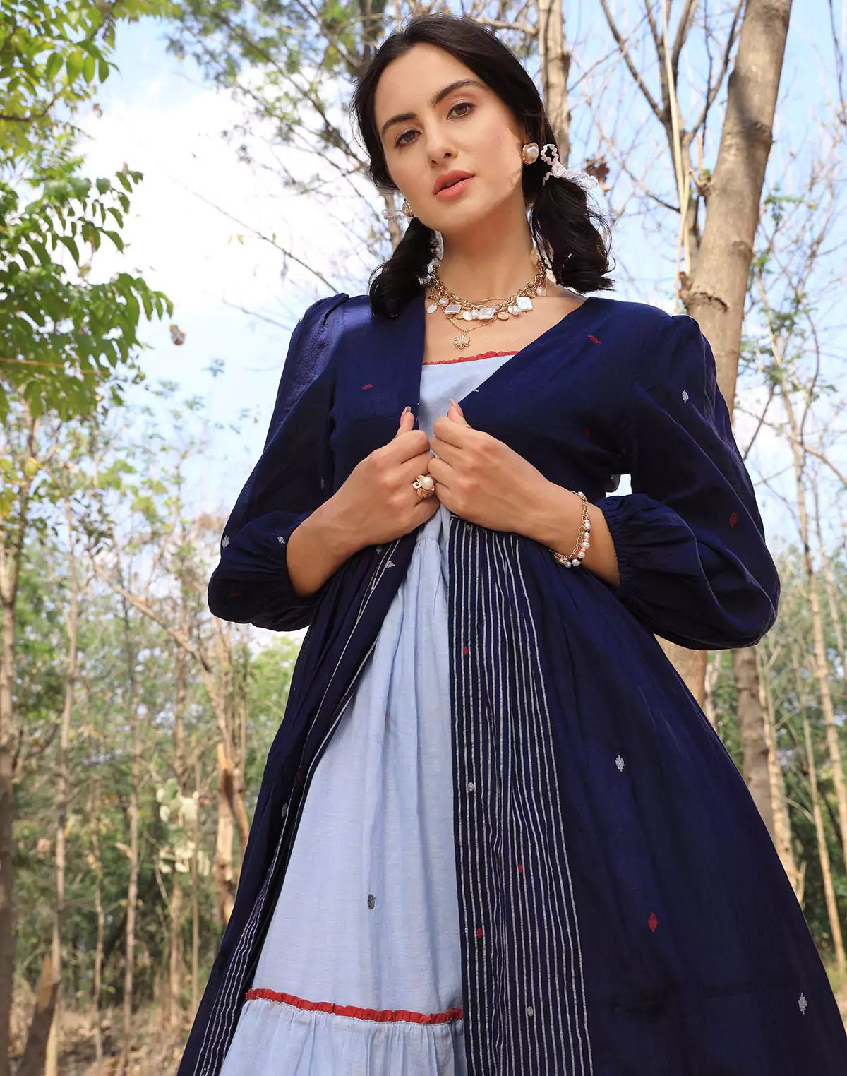 Image of Jacket Style 3/4th Sleeve Navy Blue Cotton Shrug - South India Shopping Mall