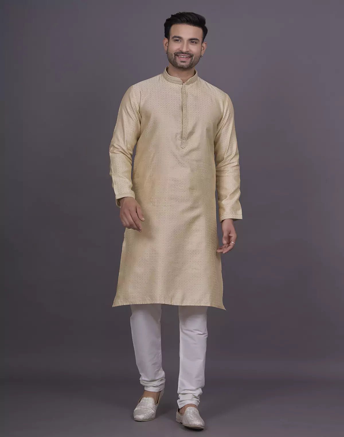 Image of Jacquard Cream Colour Kurta Pyjama Set - South India Shopping Mall
