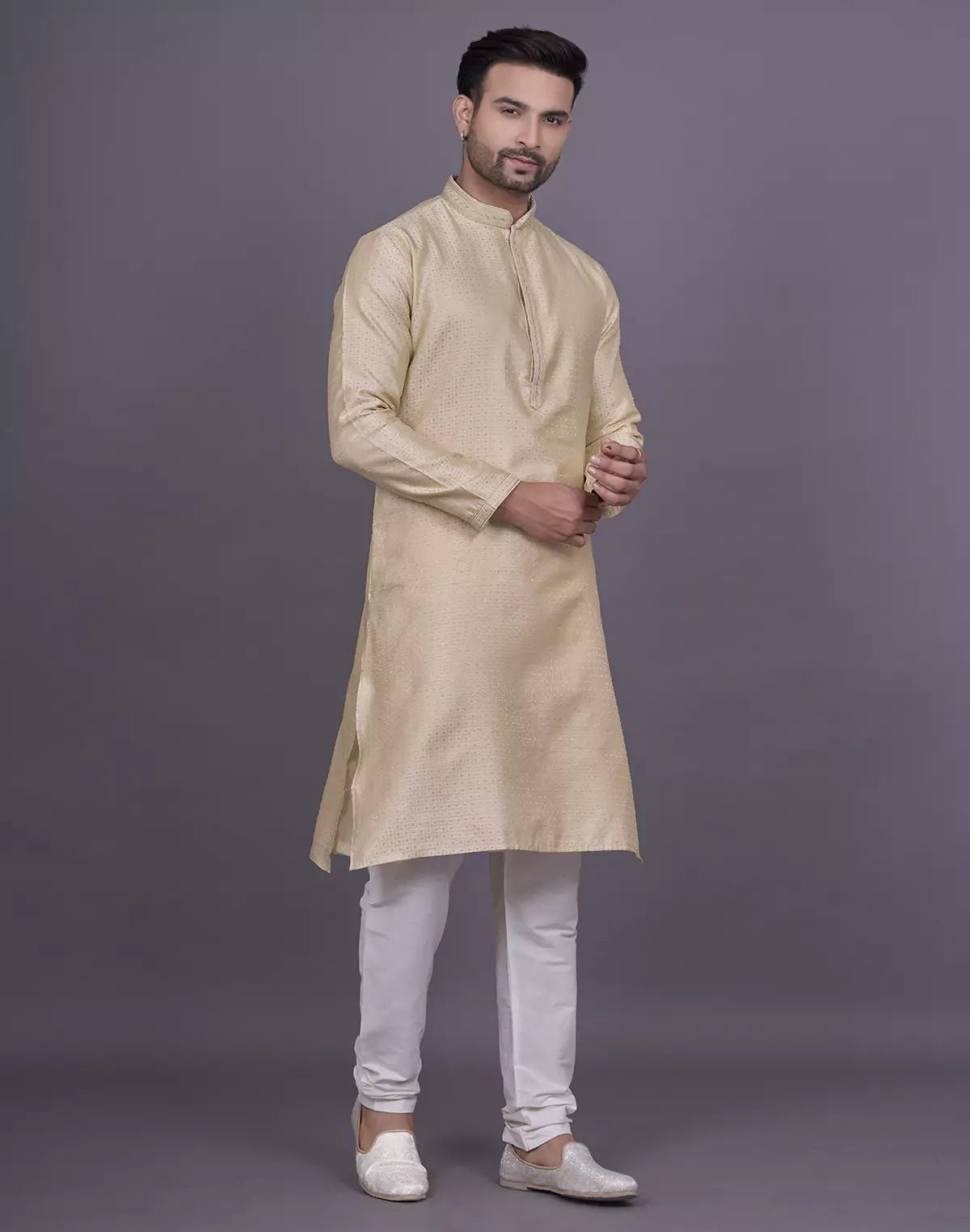 Image of Jacquard Cream Colour Kurta Pyjama Set - South India Shopping Mall
