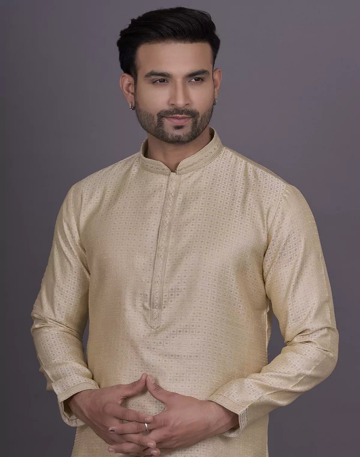 Image of Jacquard Cream Colour Kurta Pyjama Set - South India Shopping Mall