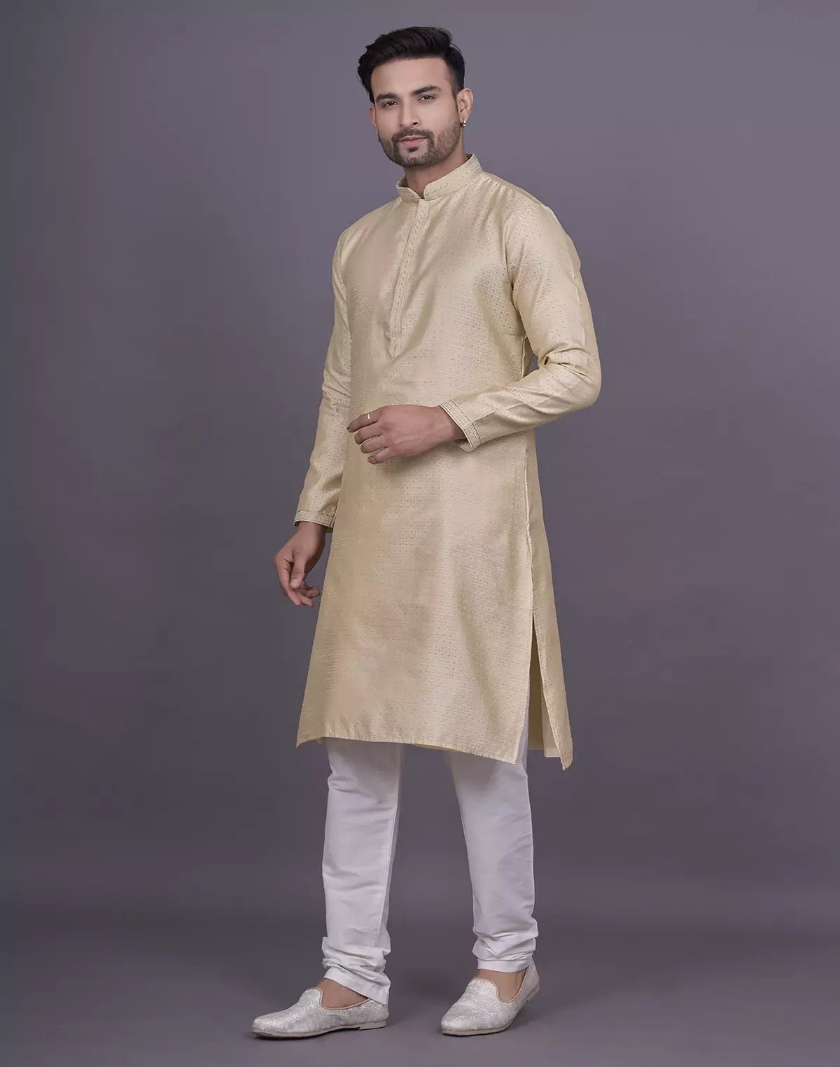 Image of Jacquard Cream Colour Kurta Pyjama Set - South India Shopping Mall