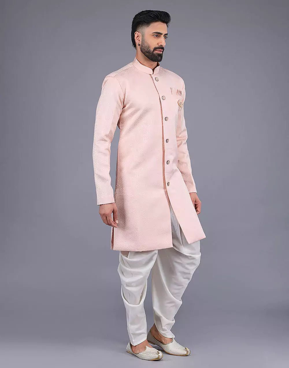 Image of Jacquard Highlighted Self Floral Design Peach Coloured Semi Indo - South India Shopping Mall