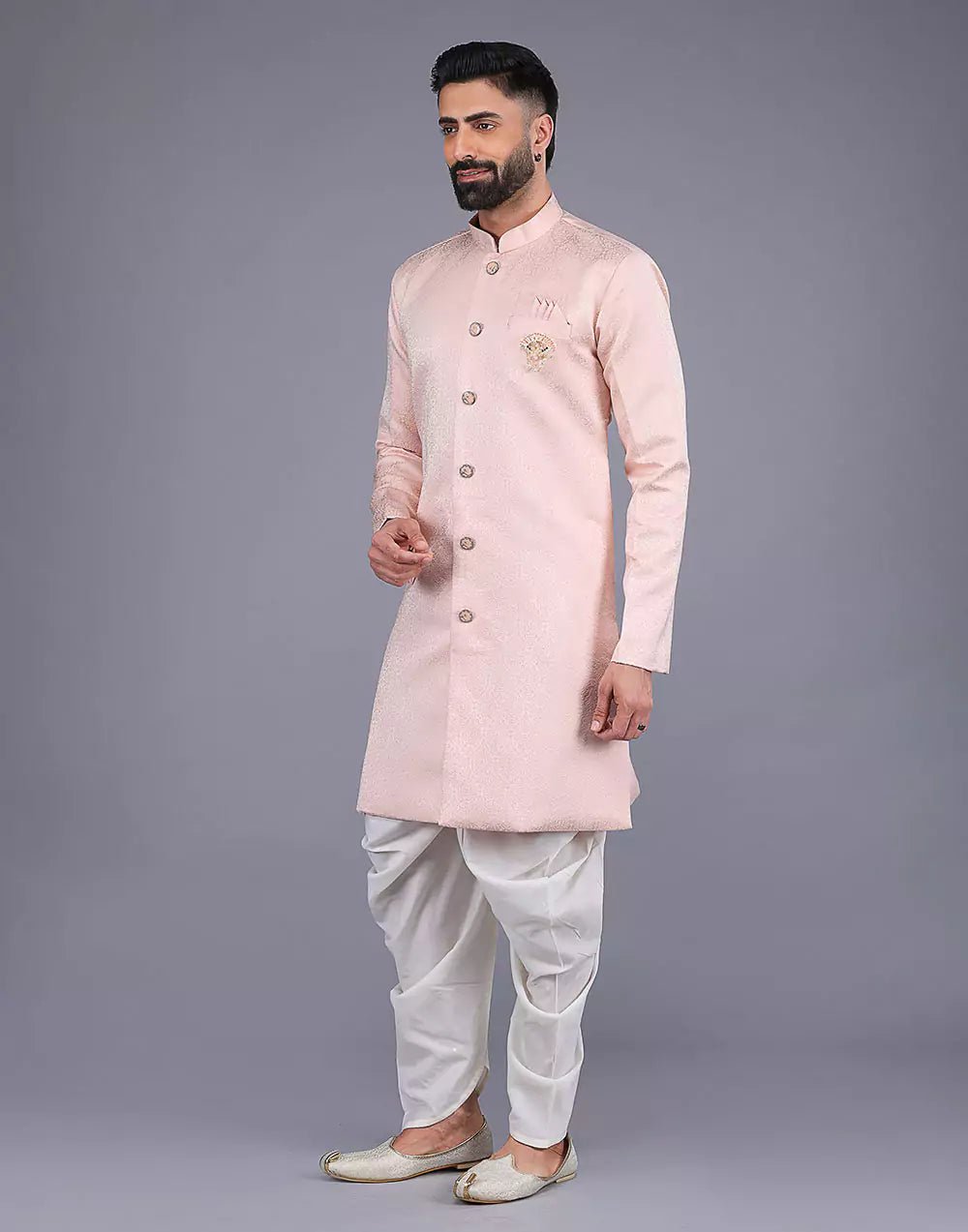 Image of Jacquard Highlighted Self Floral Design Peach Coloured Semi Indo - South India Shopping Mall