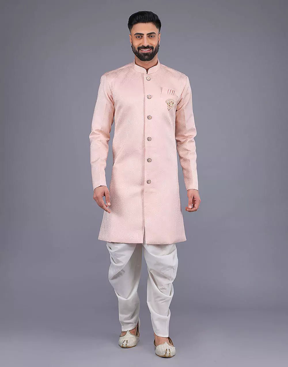 Image of Jacquard Highlighted Self Floral Design Peach Coloured Semi Indo - South India Shopping Mall