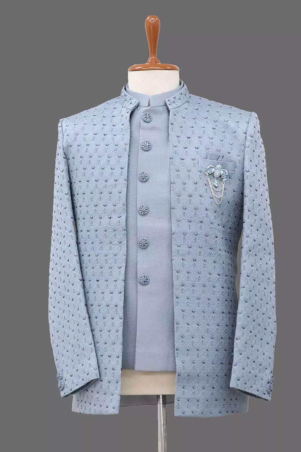 Image of Jacquard Self Design Sky Blue Cutdana Jacket Style Bandhagala Suit - South India Shopping Mall