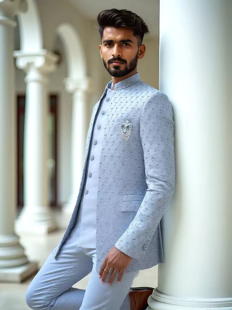 Image of Jacquard Self Design Sky Blue Cutdana Jacket Style Bandhagala Suit - South India Shopping Mall