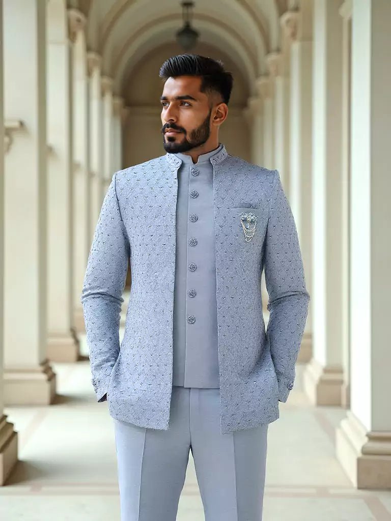 Jacquard Self Design Sky Blue Cutdana Jacket Style Bandhagala Suit - South India Shopping Mall