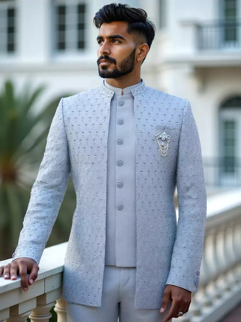 Image of Jacquard Self Design Sky Blue Cutdana Jacket Style Bandhagala Suit - South India Shopping Mall