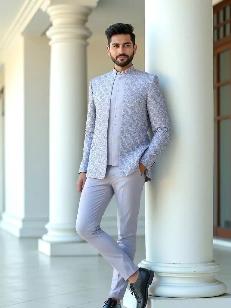 Image of Jacquard Self Design Sky Cutdana work Jacket Style Bandhagala Suit - South India Shopping Mall