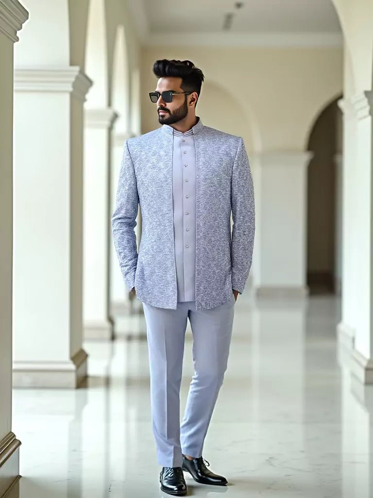 Image of Jacquard Self Design Sky Cutdana work Jacket Style Bandhagala Suit - South India Shopping Mall