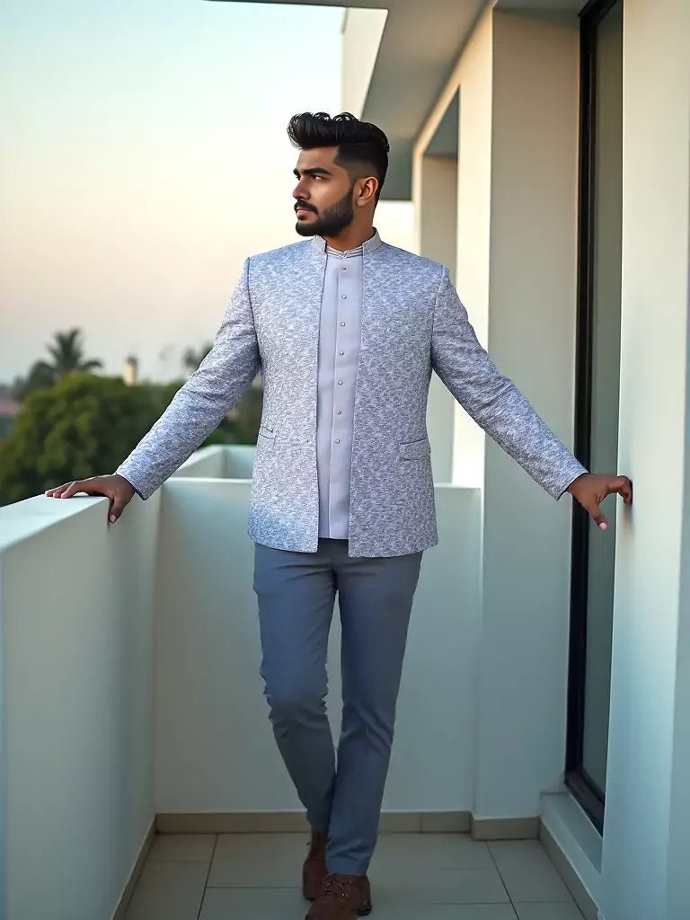 Image of Jacquard Self Design Sky Cutdana work Jacket Style Bandhagala Suit - South India Shopping Mall