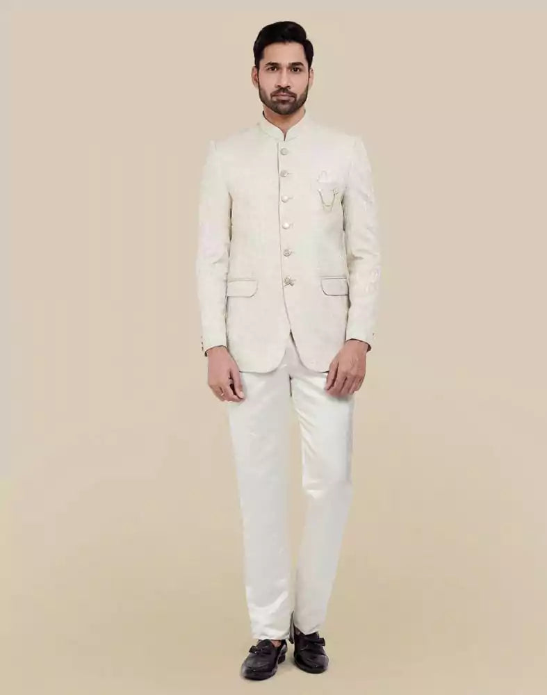 Image of Cream Self Textured Plain Bandhagala Set