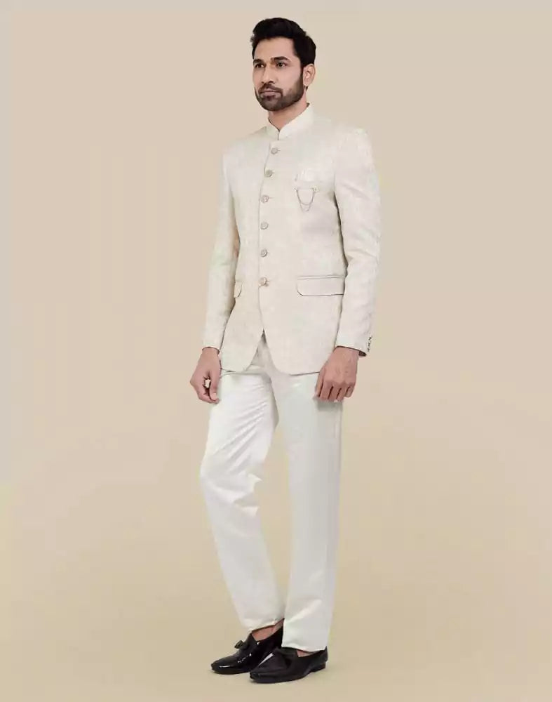 Image of Cream Self Textured Plain Bandhagala Set