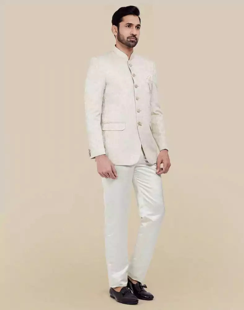 Image of Cream Self Textured Plain Bandhagala Set