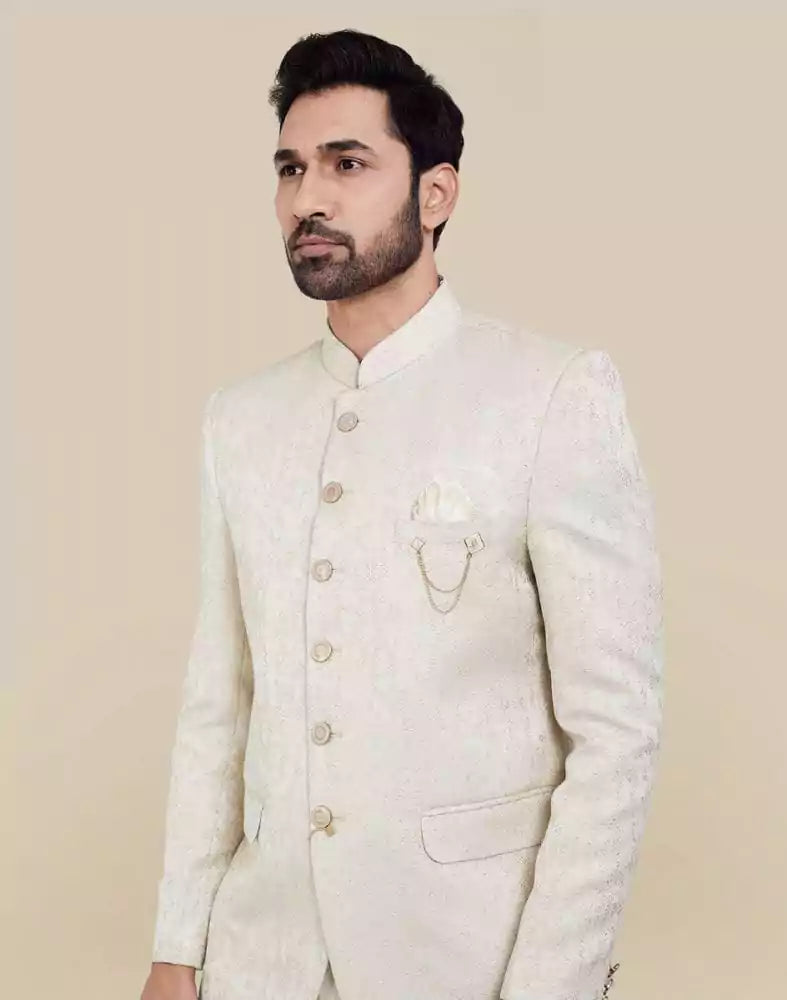 Image of Cream Self Textured Plain Bandhagala Set