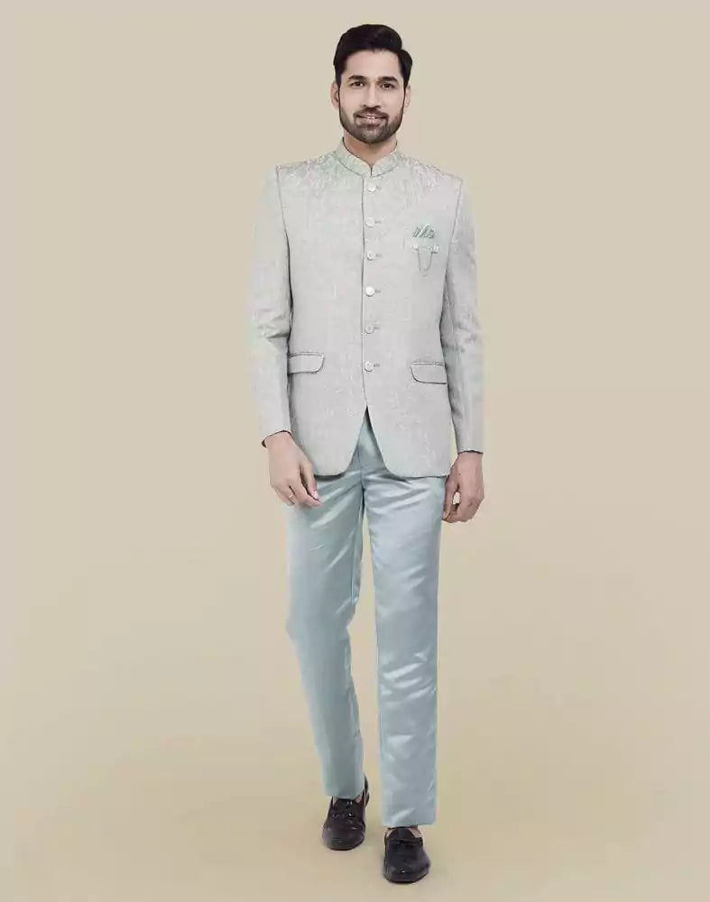 Image of Peacock Blue Self Textured Plain Bandhagala Set