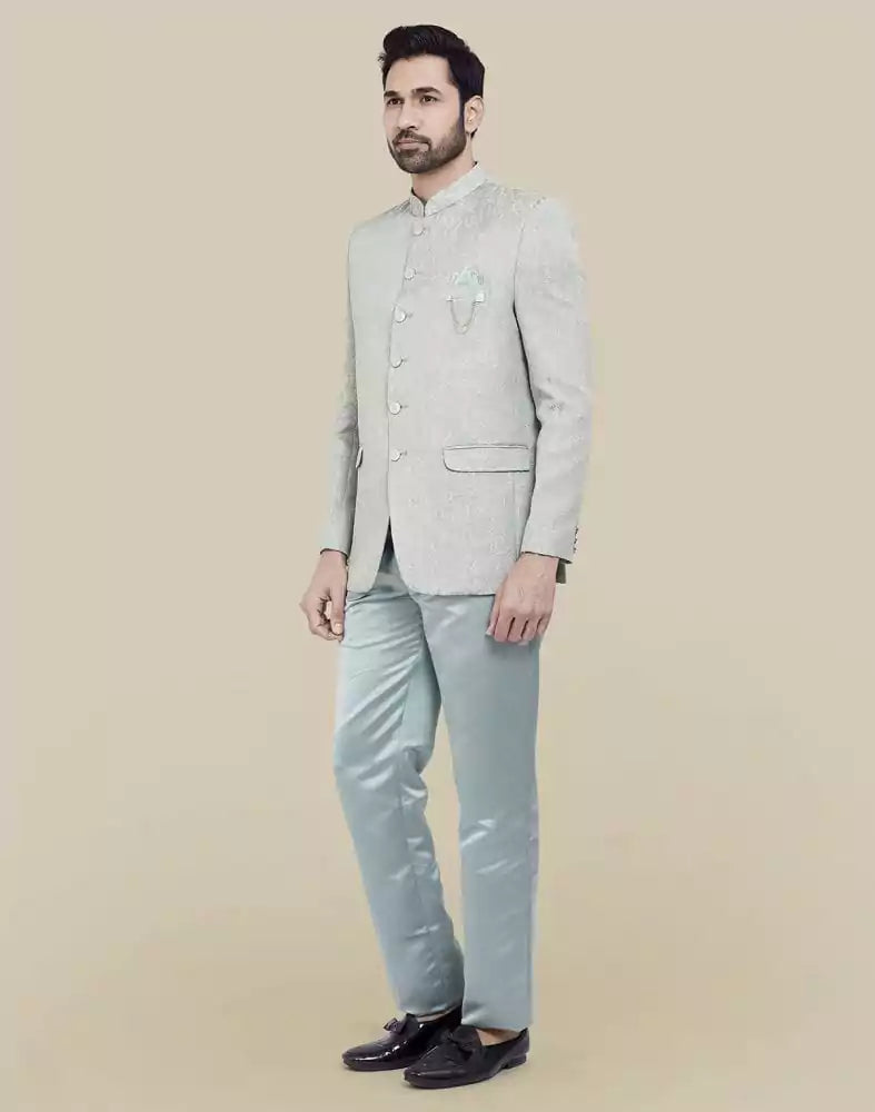 Image of Peacock Blue Self Textured Plain Bandhagala Set