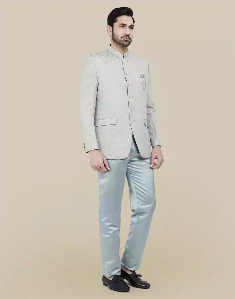 Image of Peacock Blue Self Textured Plain Bandhagala Set