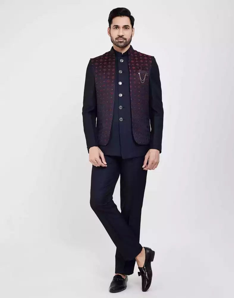 Image of Royal Blue Jacquard Design With Jacket Style Bandhagala Set