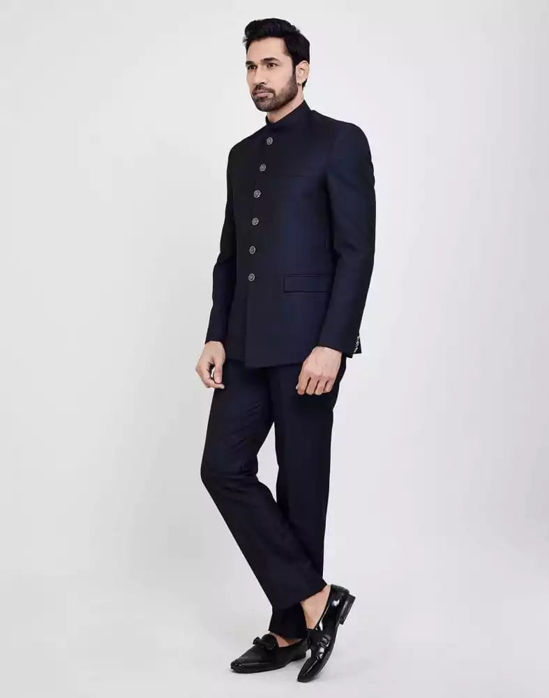 Image of Royal Blue Jacquard Design With Jacket Style Bandhagala Set