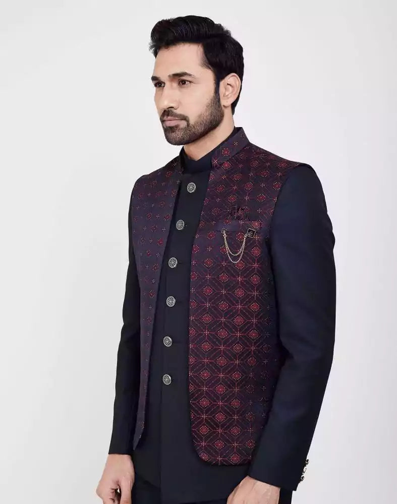 Image of Royal Blue Jacquard Design With Jacket Style Bandhagala Set