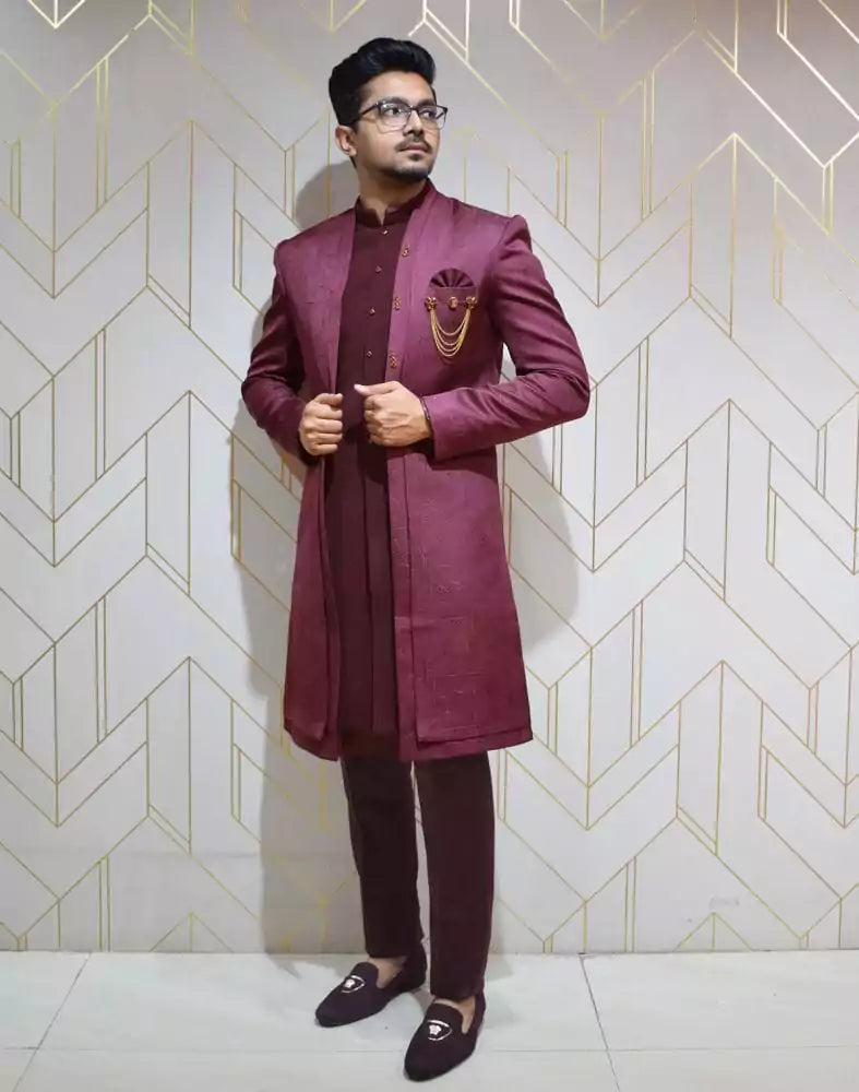 Image of Designer Wine colour Self Design Jacquard Weave Indo western set