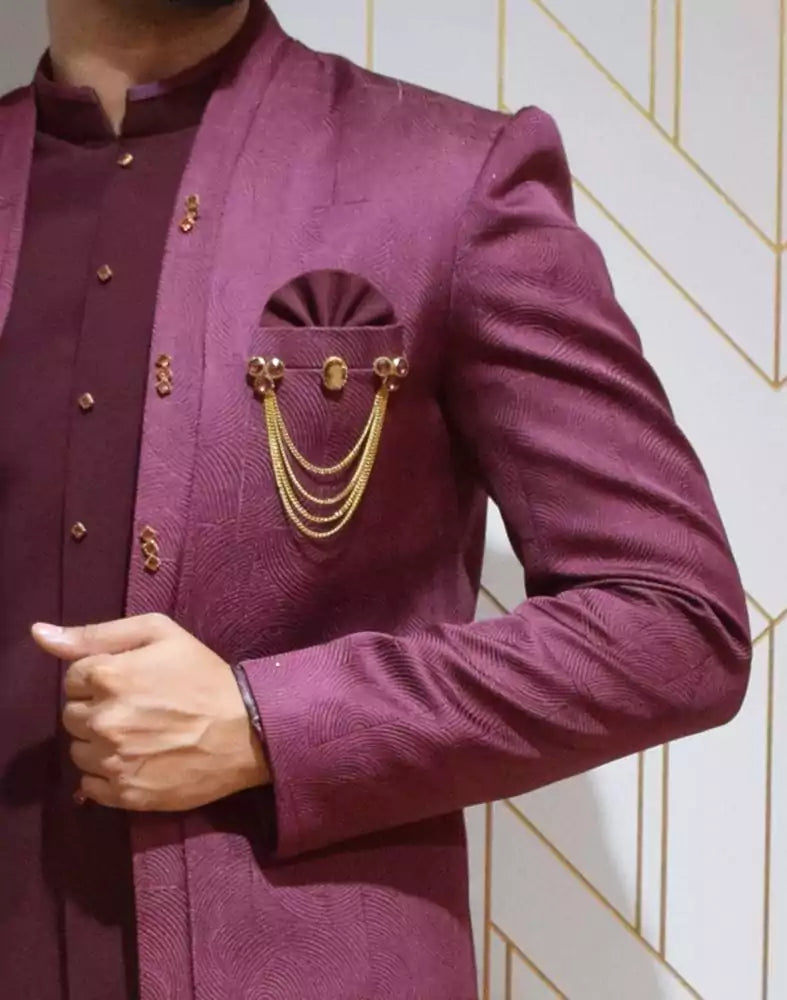 Image of Designer Wine colour Self Design Jacquard Weave Indo western set