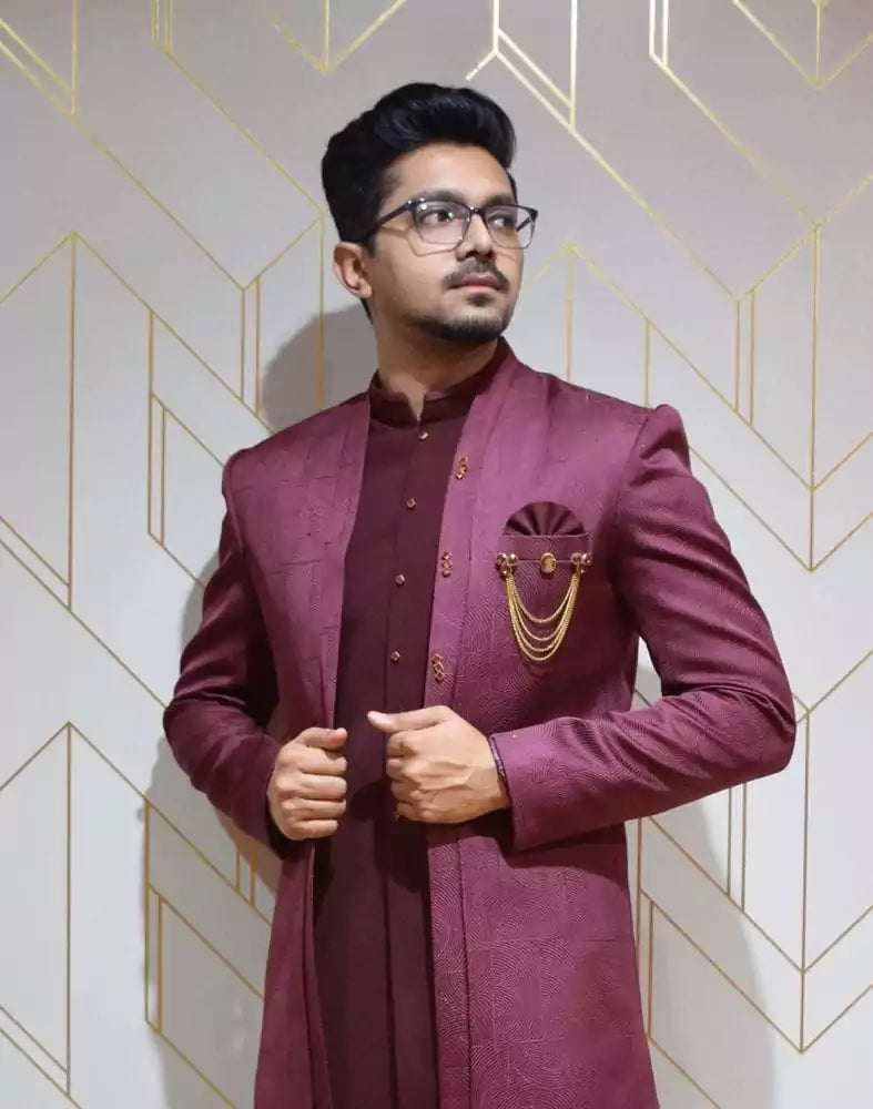 Image of Designer Wine colour Self Design Jacquard Weave Indo western set
