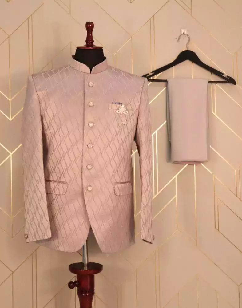 Image of Pink Geometric Jacquard Weave Jodhpuri Suit Set