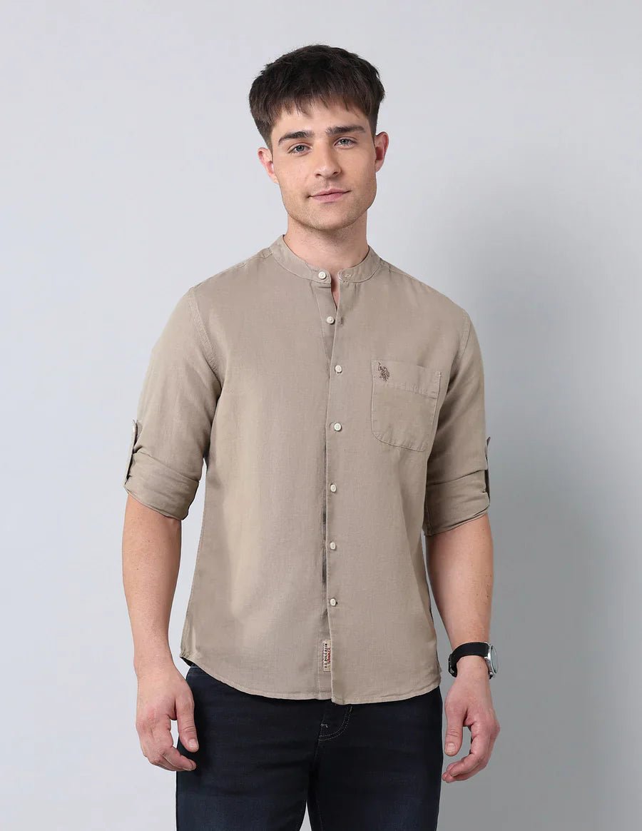 Khaki Colour Pure Cotton Solid Denim Co Full Sleeve Shirt - South India Shopping Mall