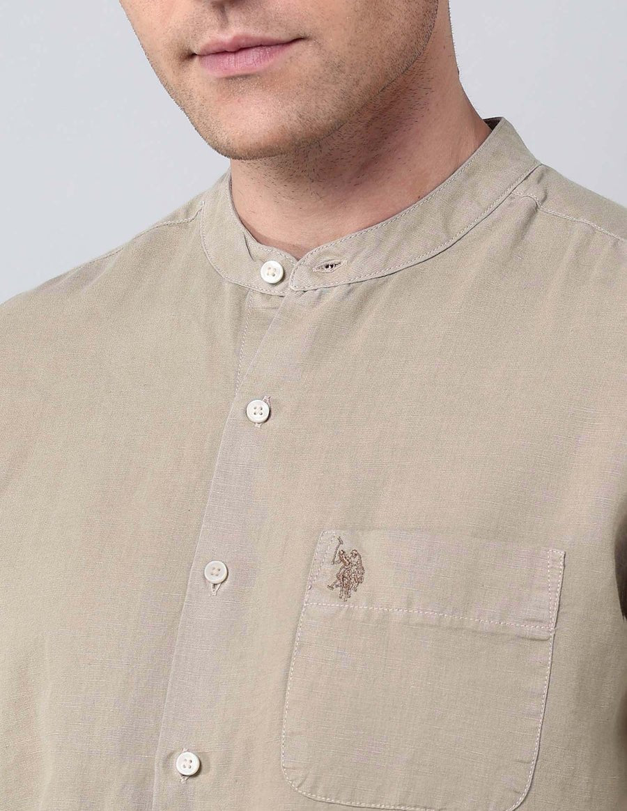 Image of Khaki Colour Pure Cotton Solid Denim Co Full Sleeve Shirt - South India Shopping Mall