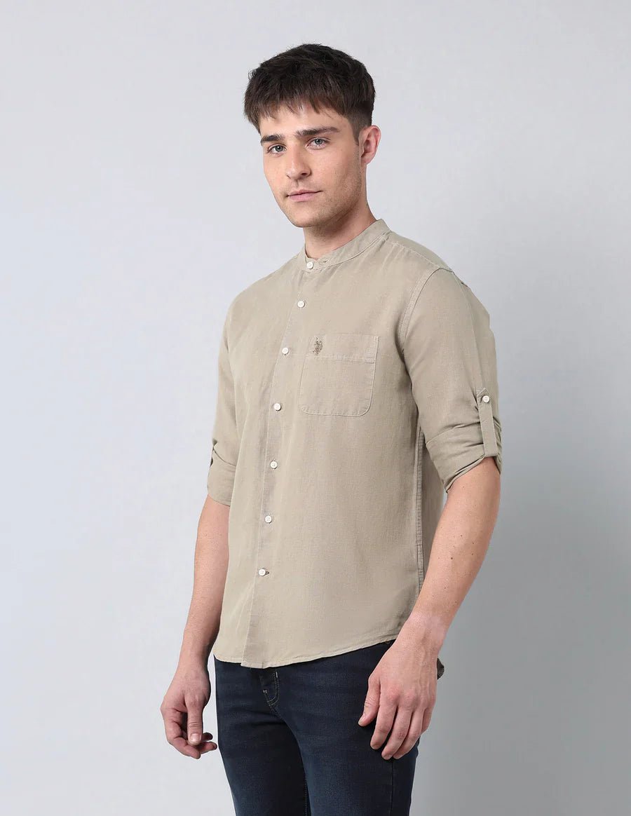 Khaki Colour Pure Cotton Solid Denim Co Full Sleeve Shirt - South India Shopping Mall
