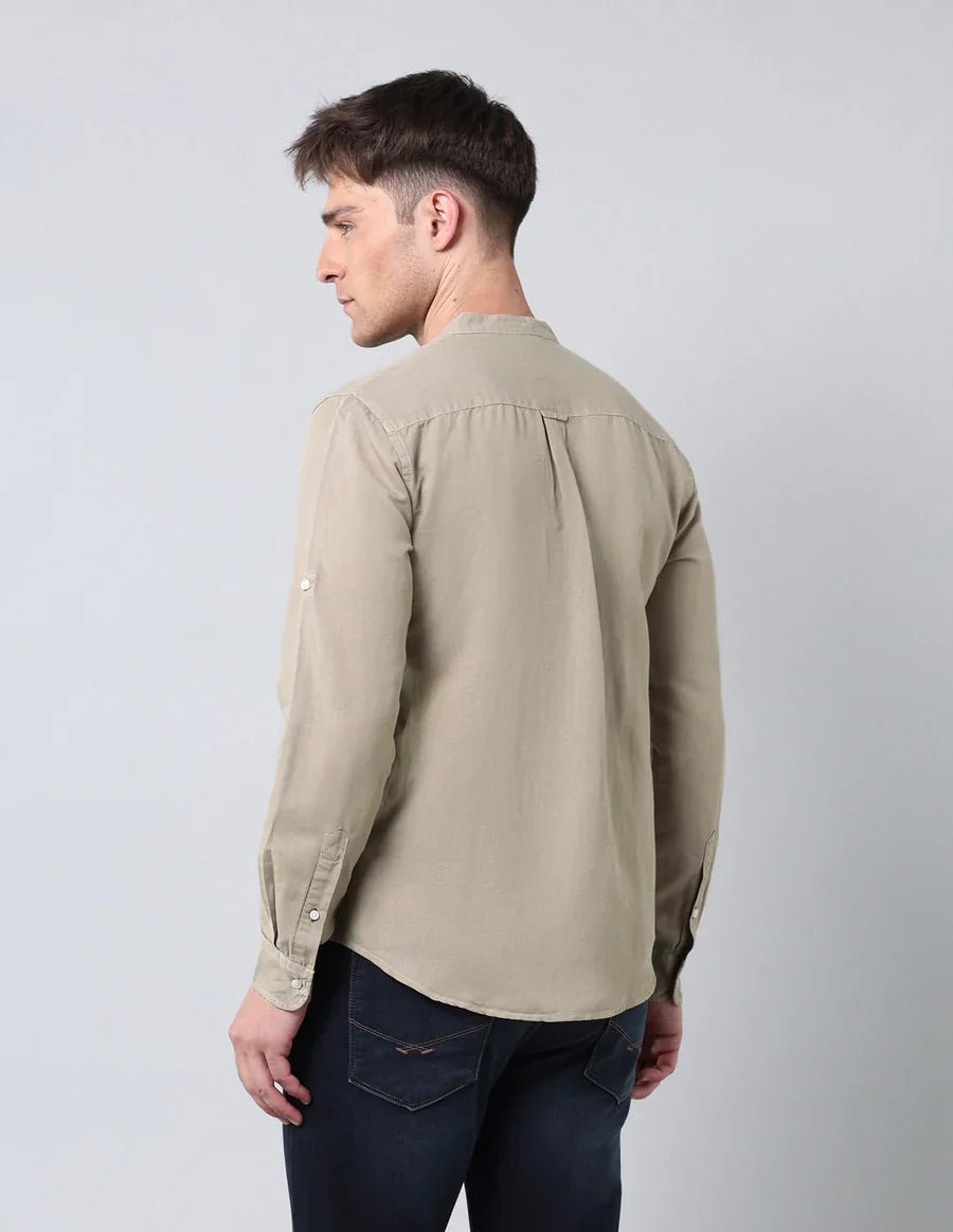 Image of Khaki Colour Pure Cotton Solid Denim Co Full Sleeve Shirt - South India Shopping Mall