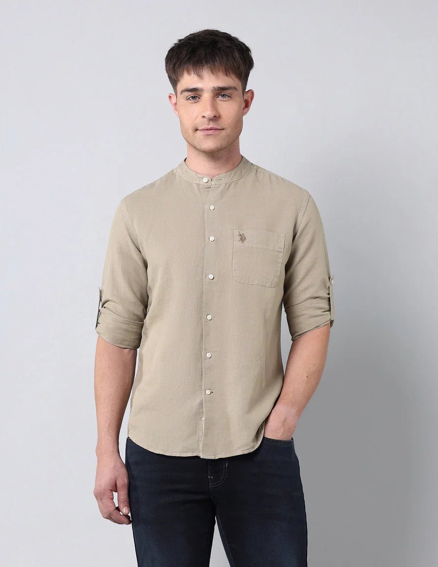 Image of Khaki Colour Pure Cotton Solid Denim Co Full Sleeve Shirt - South India Shopping Mall