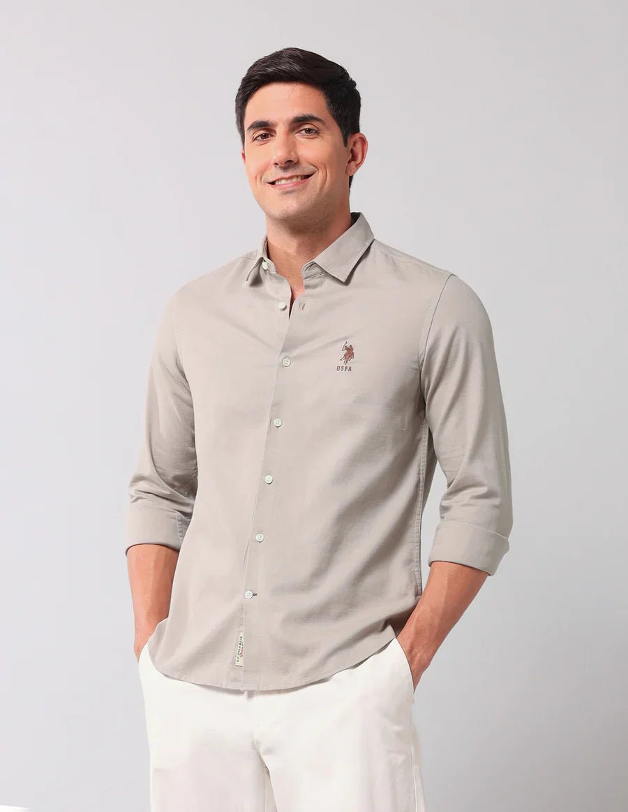 Image of Khaki Coloured Plain Linen Cotton Men's Shirt - South India Shopping Mall