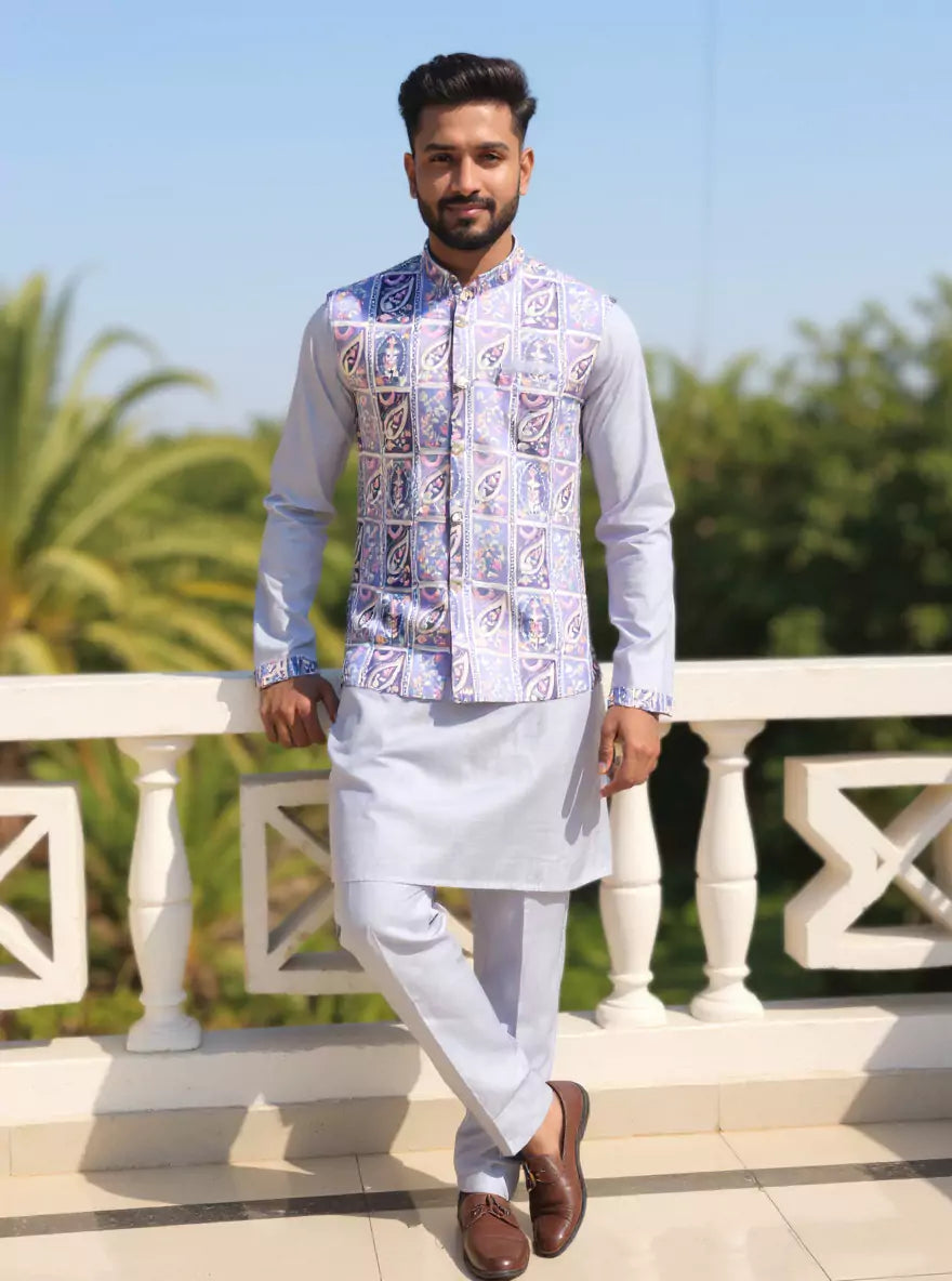 Image of Sky Floral Print with Embellished work Cotton Silk Kurta Jacket Set
