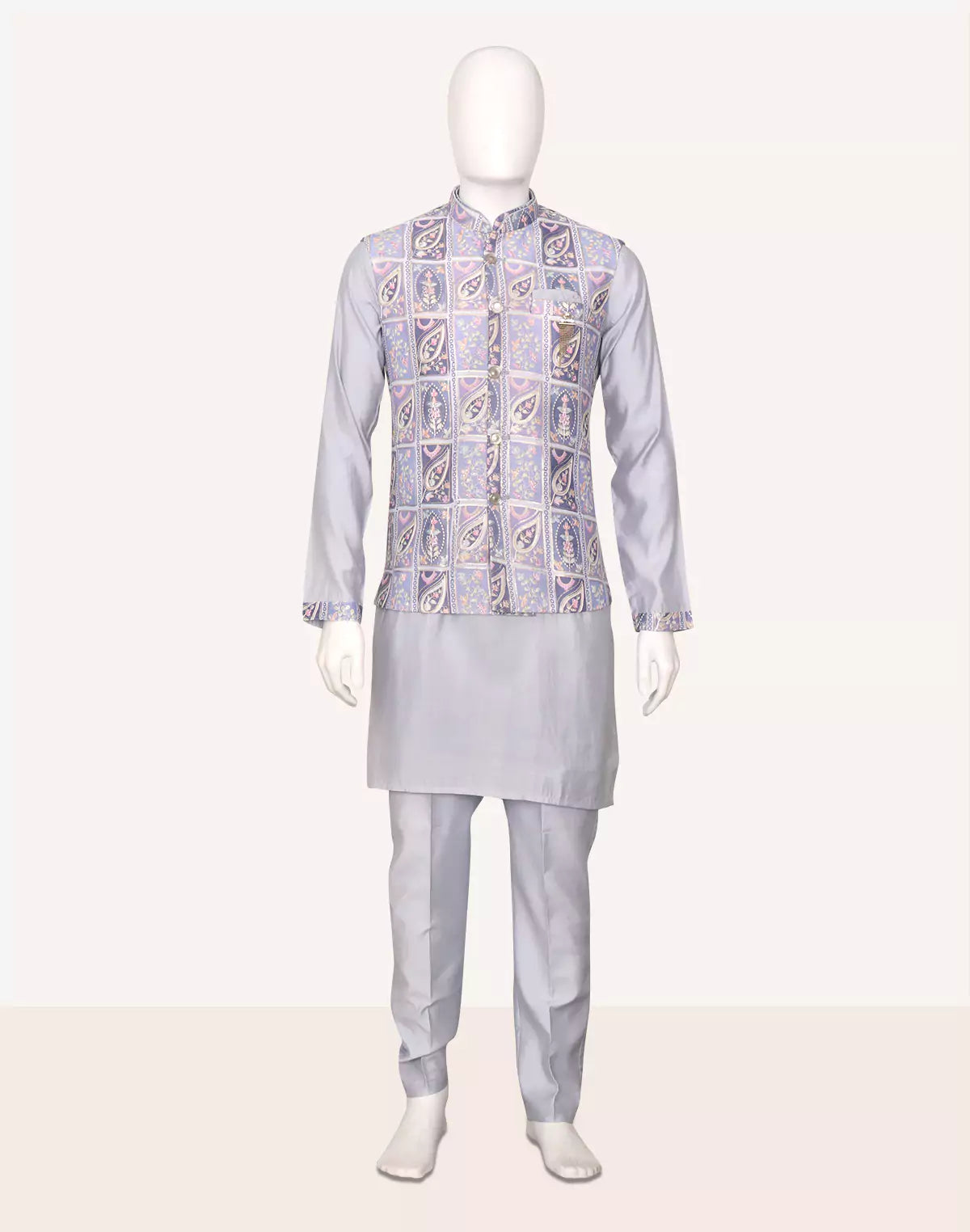 Image of Sky Floral Print with Embellished work Cotton Silk Kurta Jacket Set