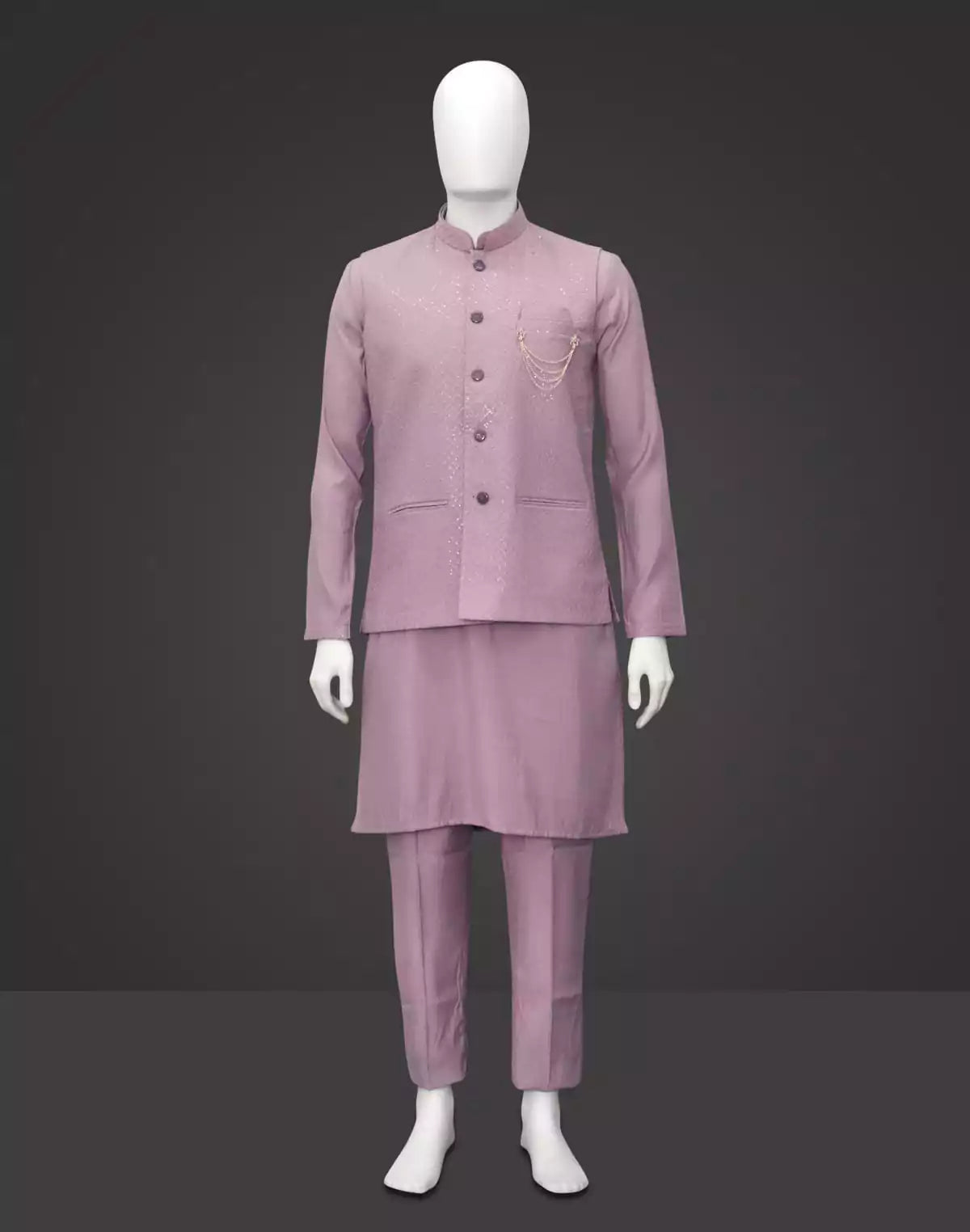 Image of Embroidered and Embellished Raw Silk Purple Self Design Kurta Jacket Set