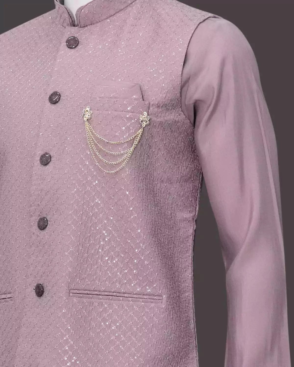 Image of Embroidered and Embellished Raw Silk Purple Self Design Kurta Jacket Set